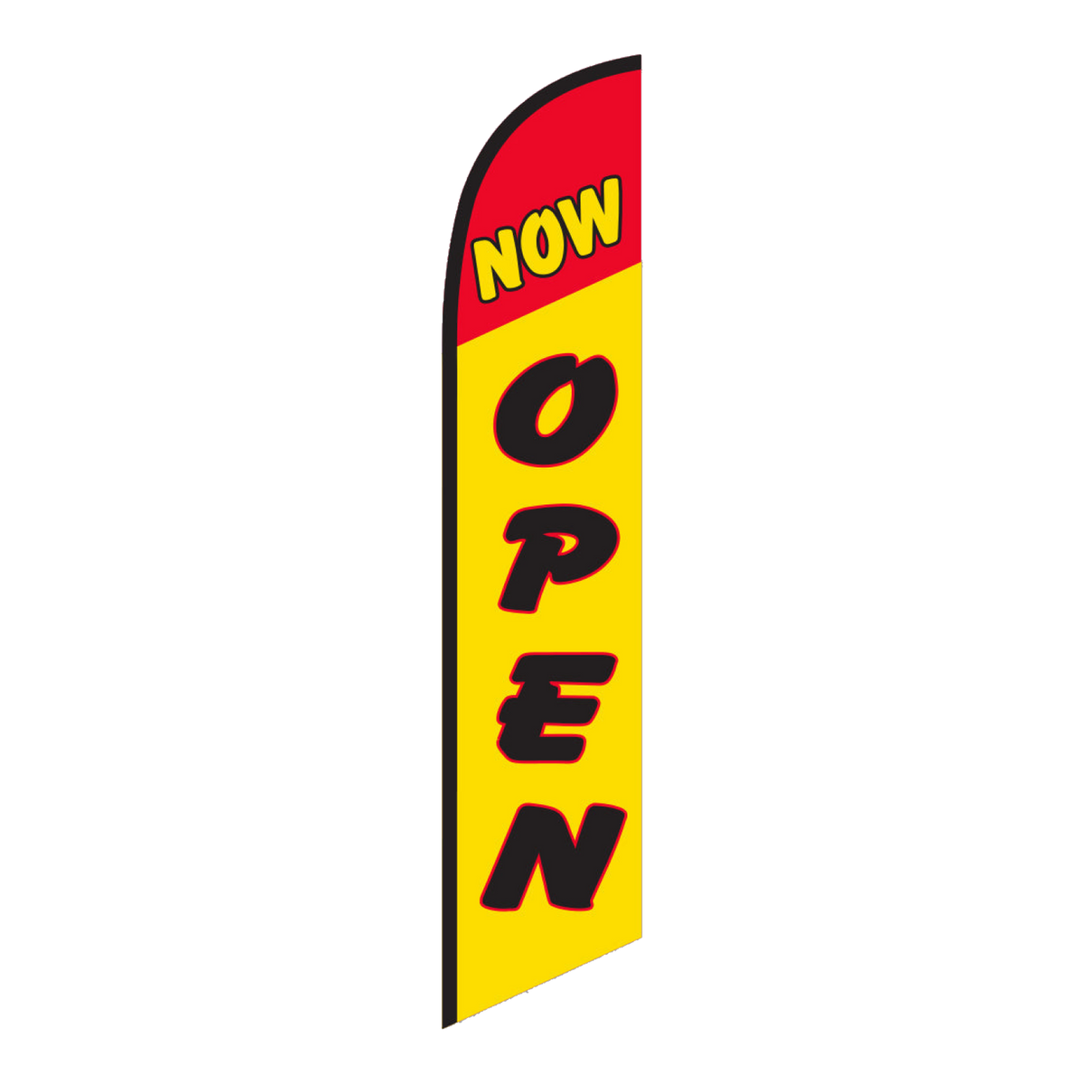 Now Open swooper feather flag, red lettering on yellow