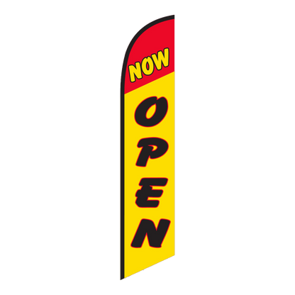 Now Open swooper feather flag, red lettering on yellow
