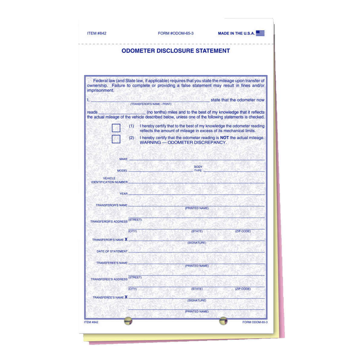 Odometer Disclosure Statement form, 3-part