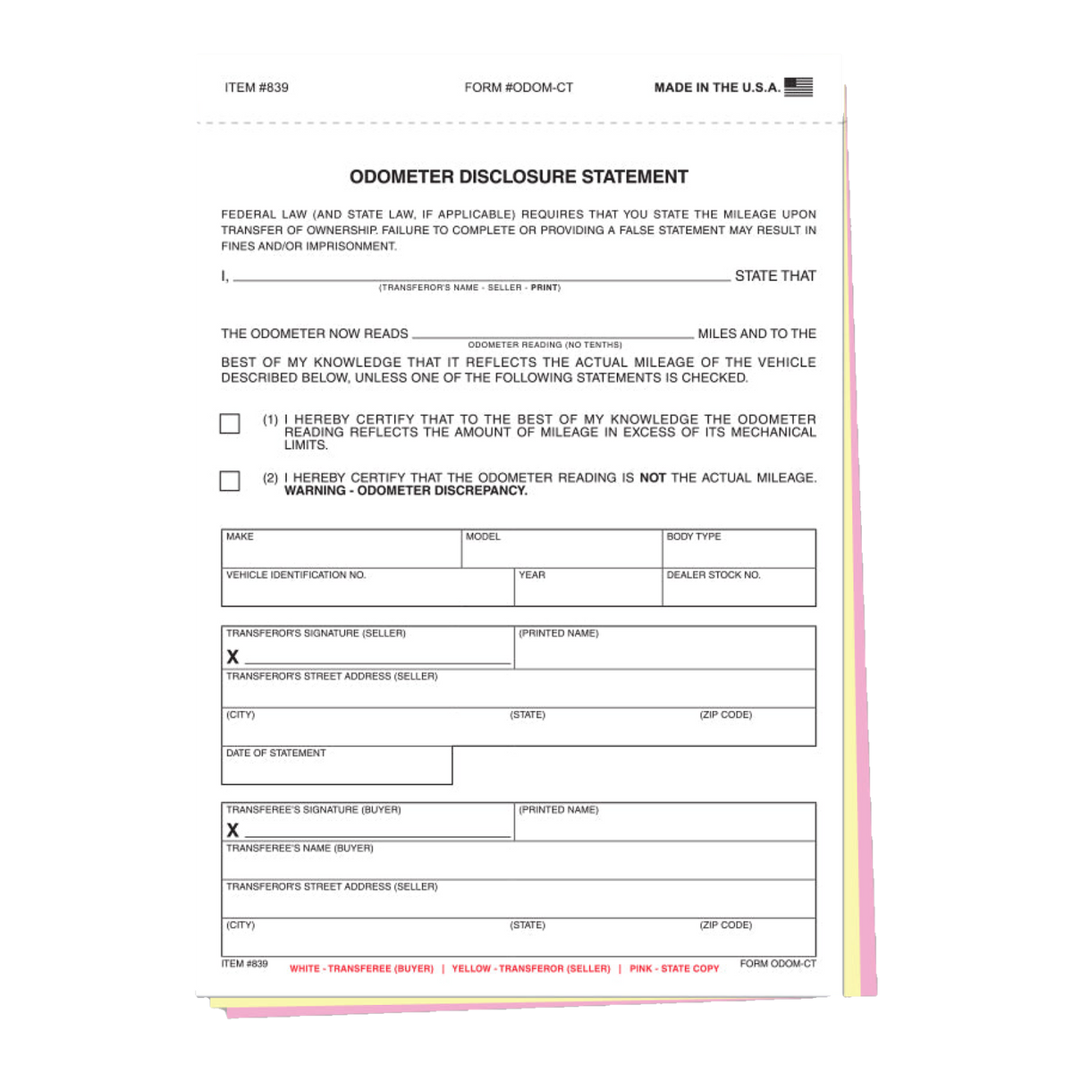 Odometer Disclosure Statement form, 3-part