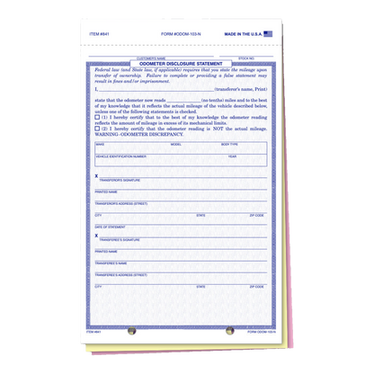 Odometer Disclosure Statement form, 3-part