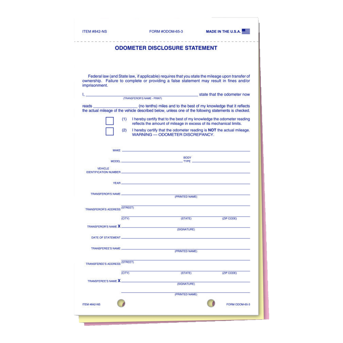 Odometer Disclosure Statement form, 3-part