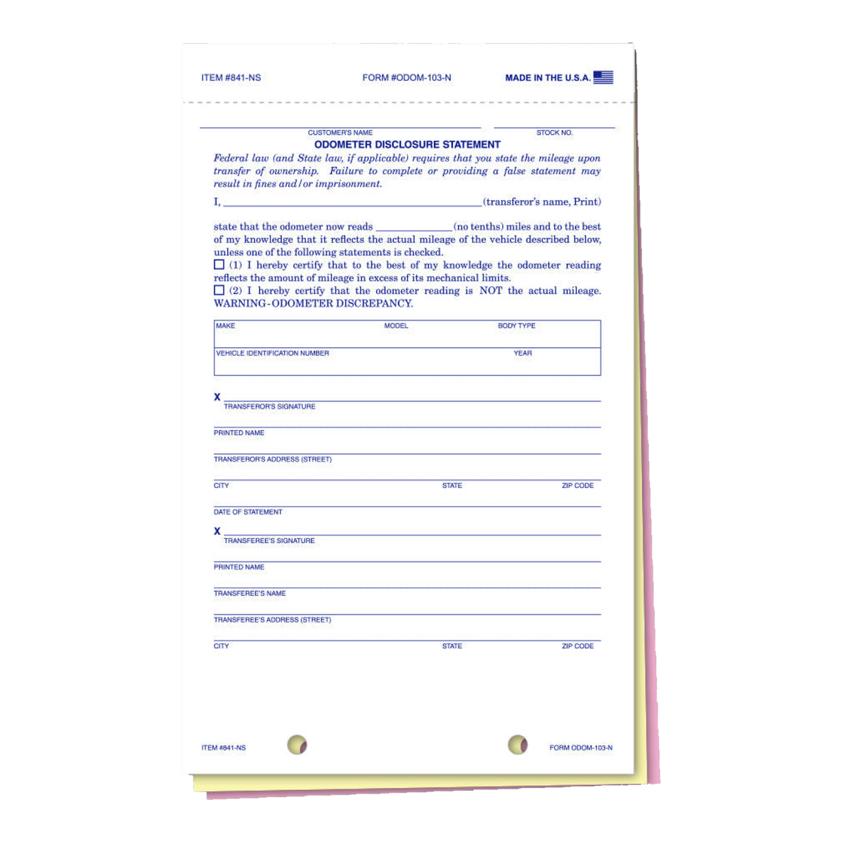 Odometer Disclosure Statement form, 3-part