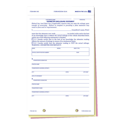 Odometer Disclosure Statement form, 3-part
