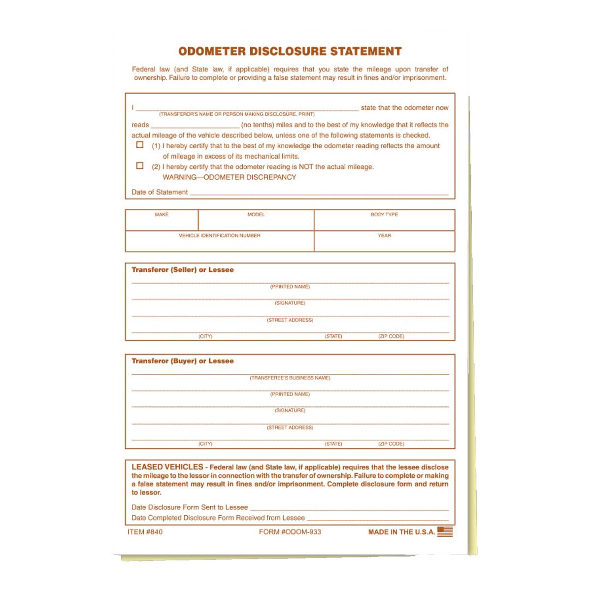 Odometer Disclosure Statement form with orange print