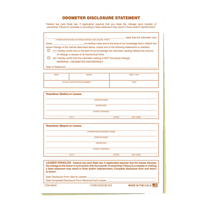 Odometer Disclosure Statement form with orange print