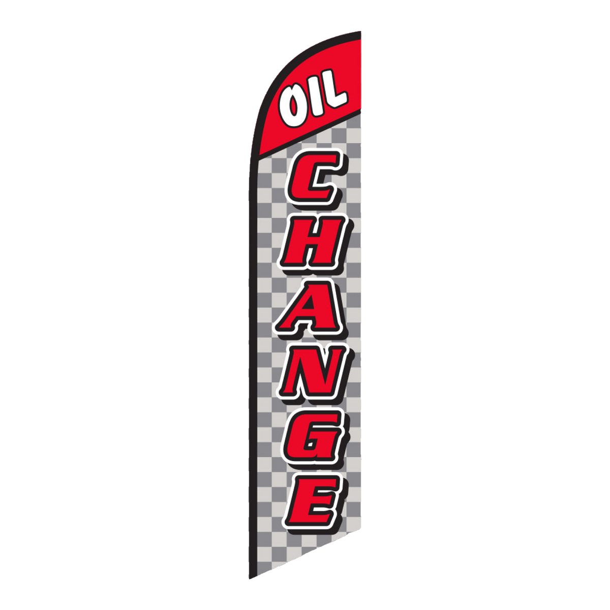 Oil Change swooper feather flag with red lettering and checkered pattern
