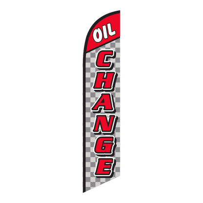 Oil Change swooper feather flag with red lettering and checkered pattern