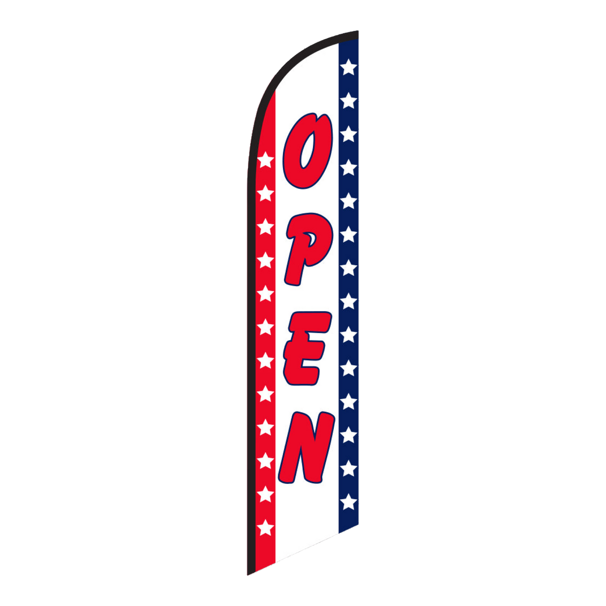 Open swooper feather flag with red lettering on stars and stripes
