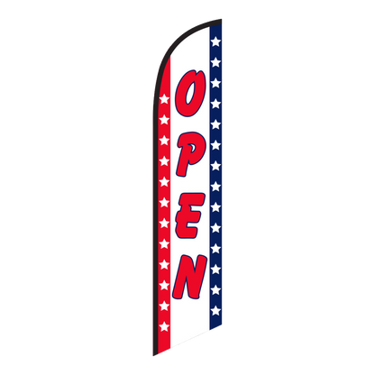 Open swooper feather flag with red lettering on stars and stripes