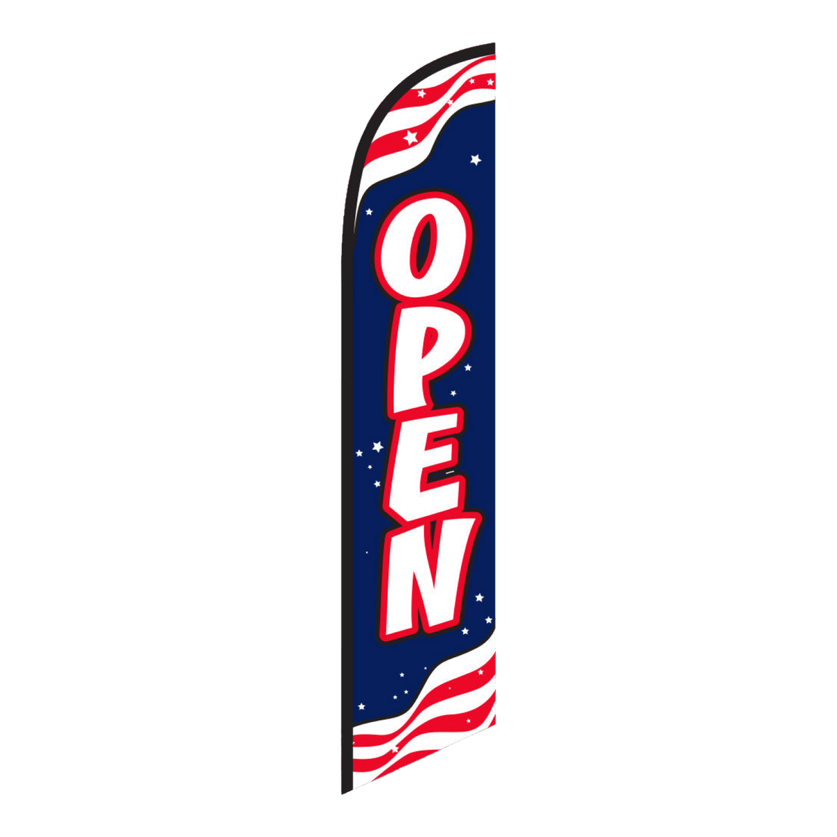 Navy Open swooper feather flag with white lettering and red stripes