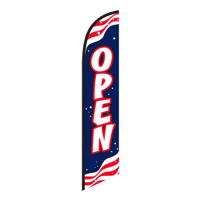 Navy Open swooper feather flag with white lettering and red stripes