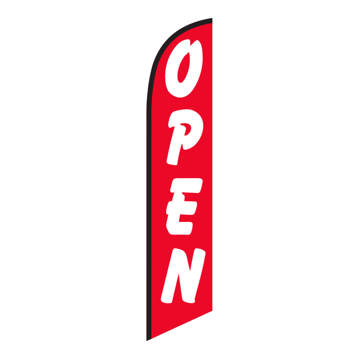Red Open swooper feather flag with white lettering