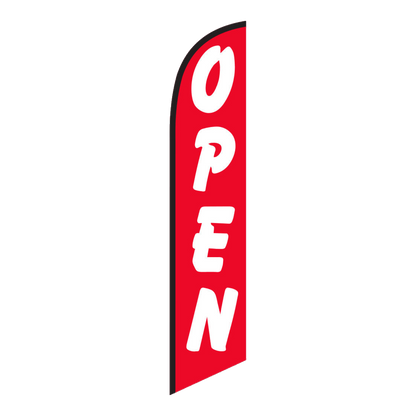 Red Open swooper feather flag with white lettering