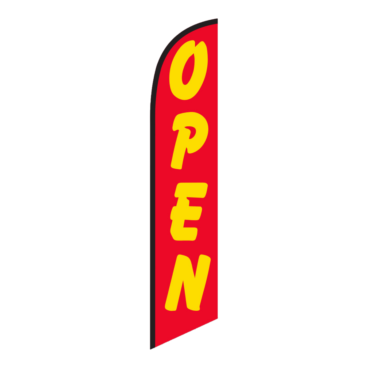 Red Open swooper feather flag with yellow lettering