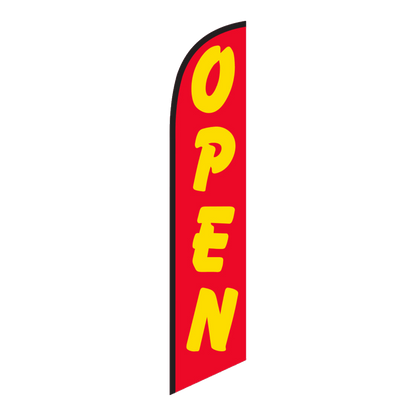 Red Open swooper feather flag with yellow lettering