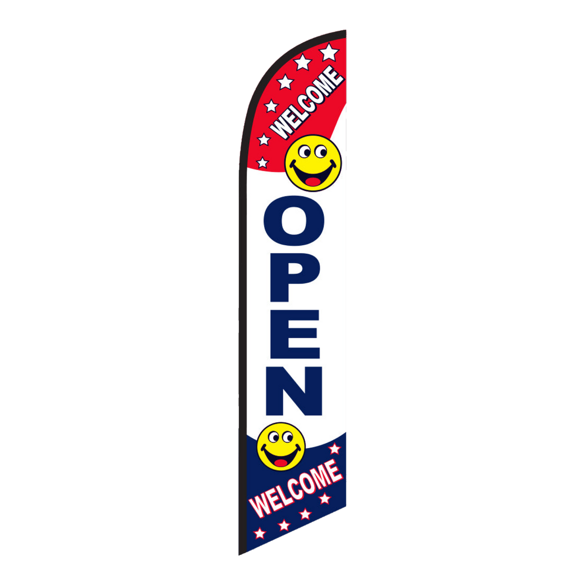 Navy Open Welcome swooper feather flag with smiley faces