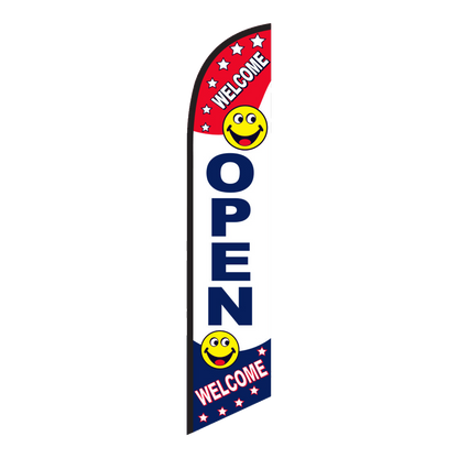 Navy Open Welcome swooper feather flag with smiley faces