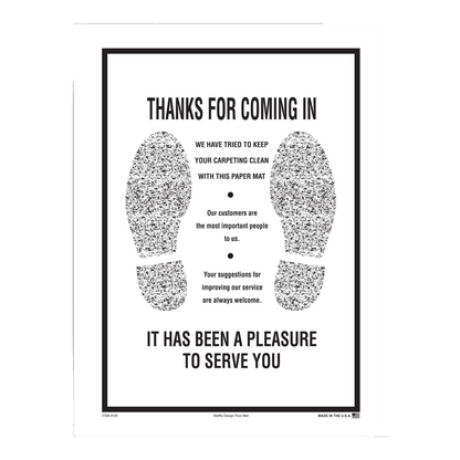 Paper floor mat printed Thanks For Coming In with footprints