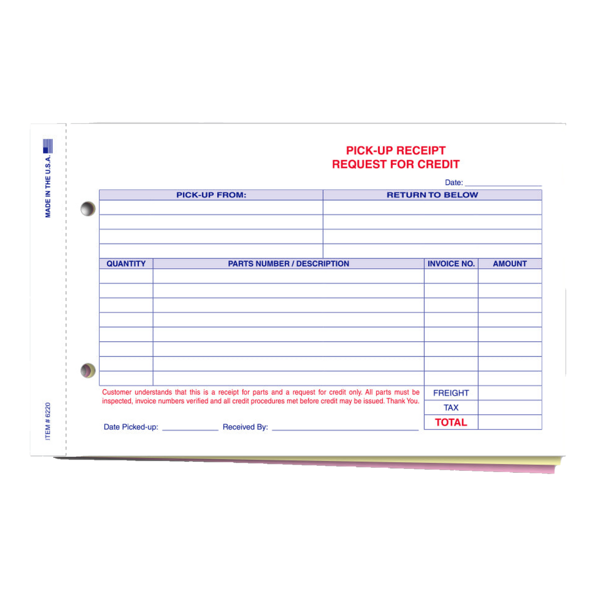 Parts pick up receipt form, 3-part