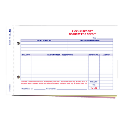 Parts pick up receipt form, 3-part