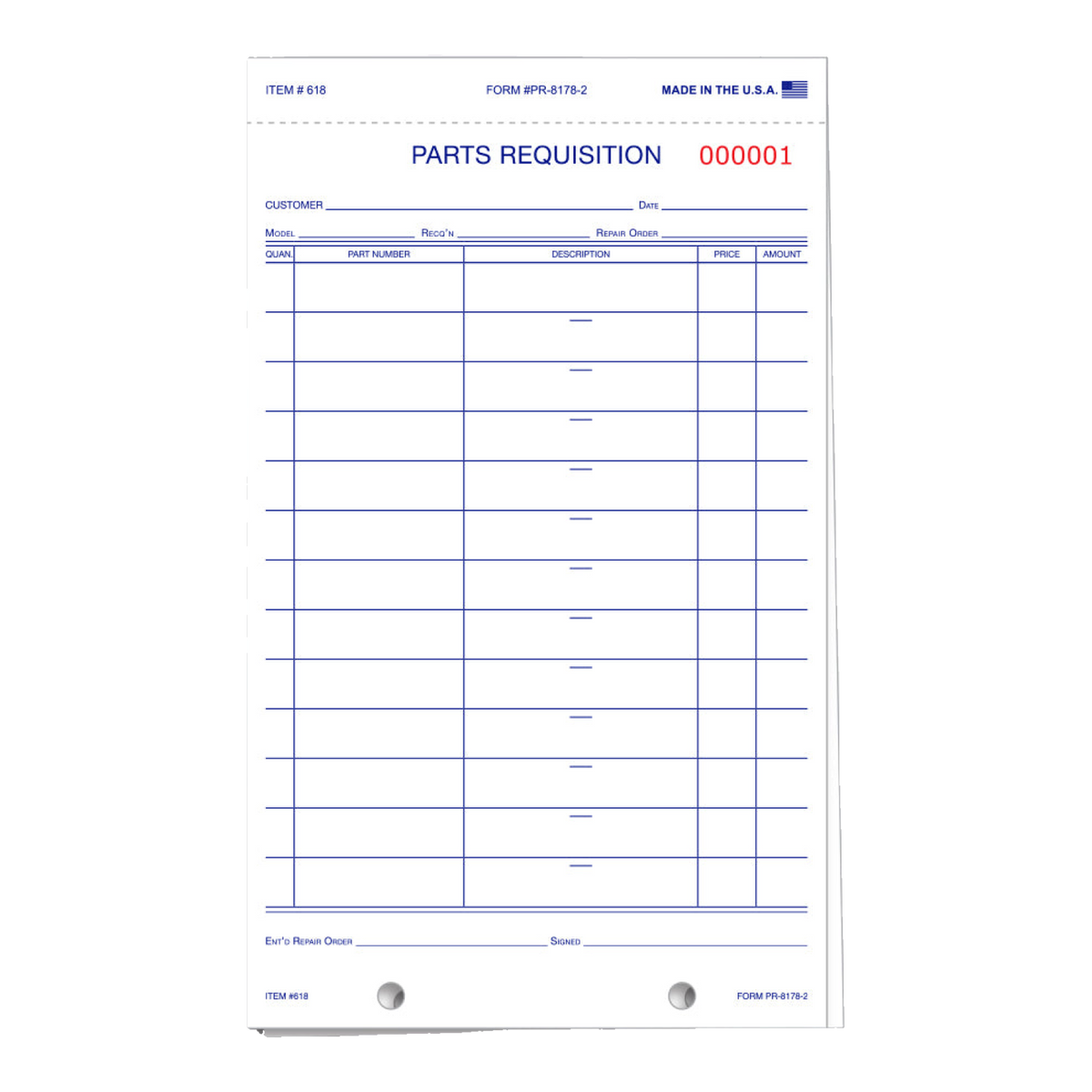Parts Requisition form with numbered header