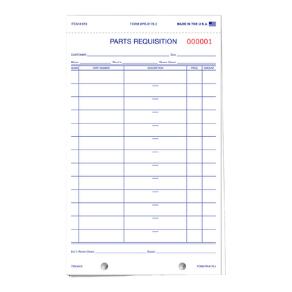 Parts Requisition form with numbered header