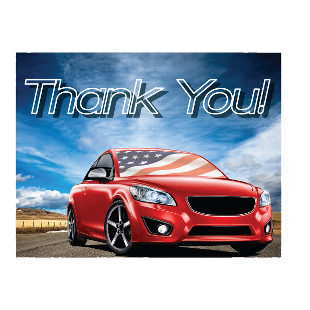 Thank You! card with a red car and American flag sky