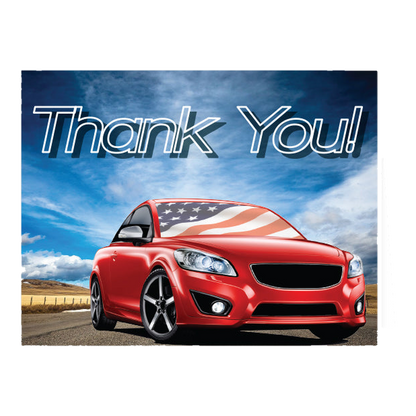 Thank You! card with a red car and American flag sky