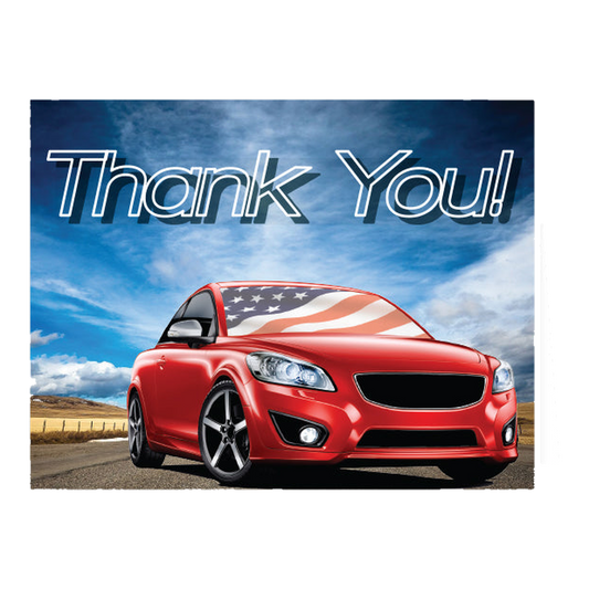 Thank You! card with a red car and American flag sky