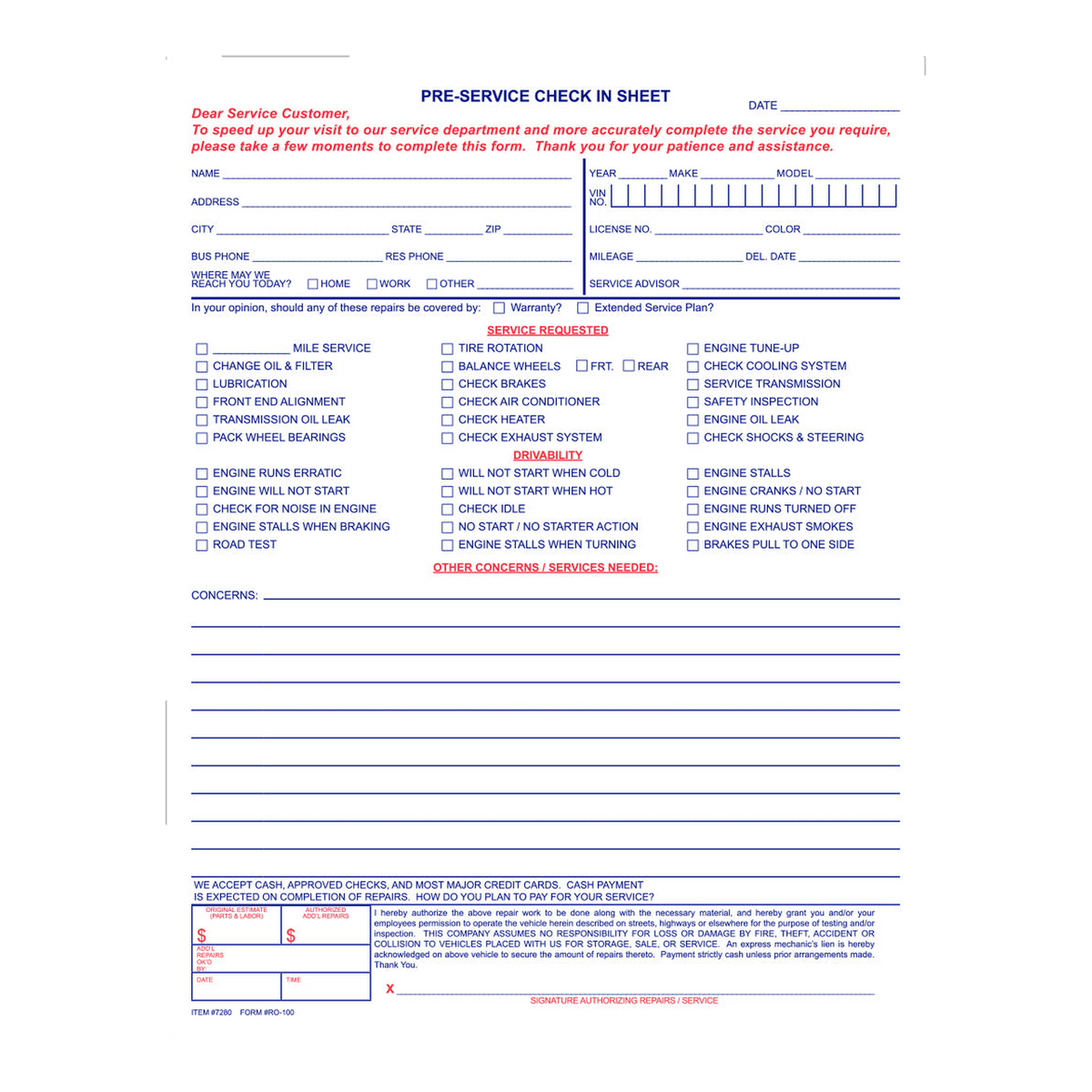 Pre-Service Check In form