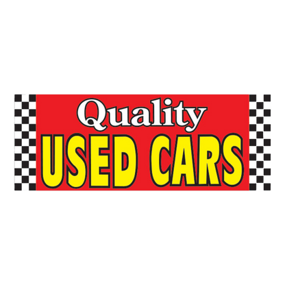 Quality Used Cars banner, yellow lettering on red with checkered ends
