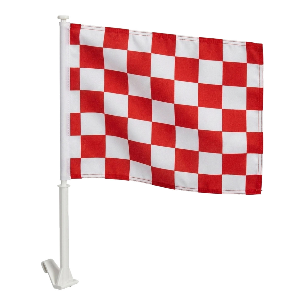 Red and white checkered clip-on window flag