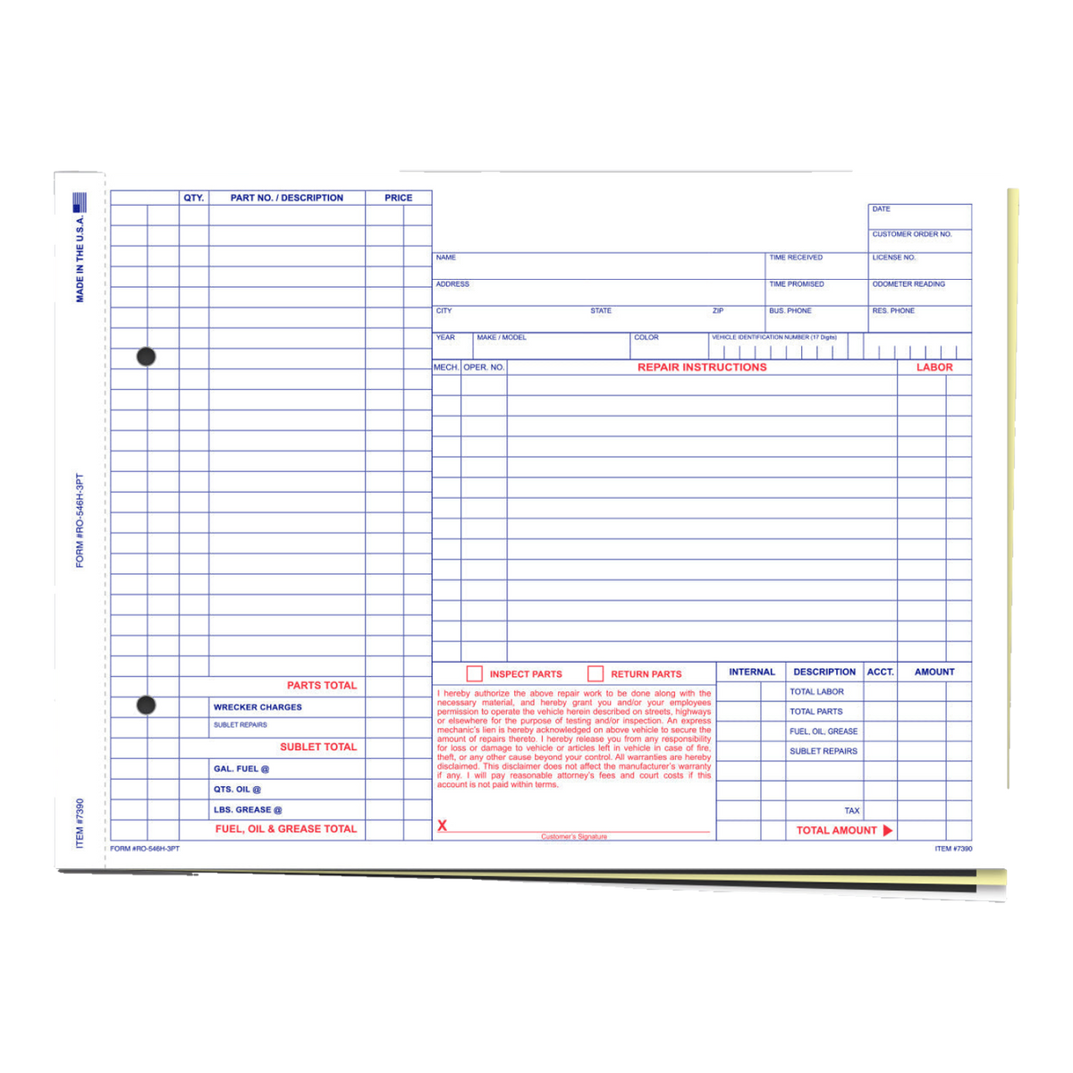 Repair order form, 3-part snap-out