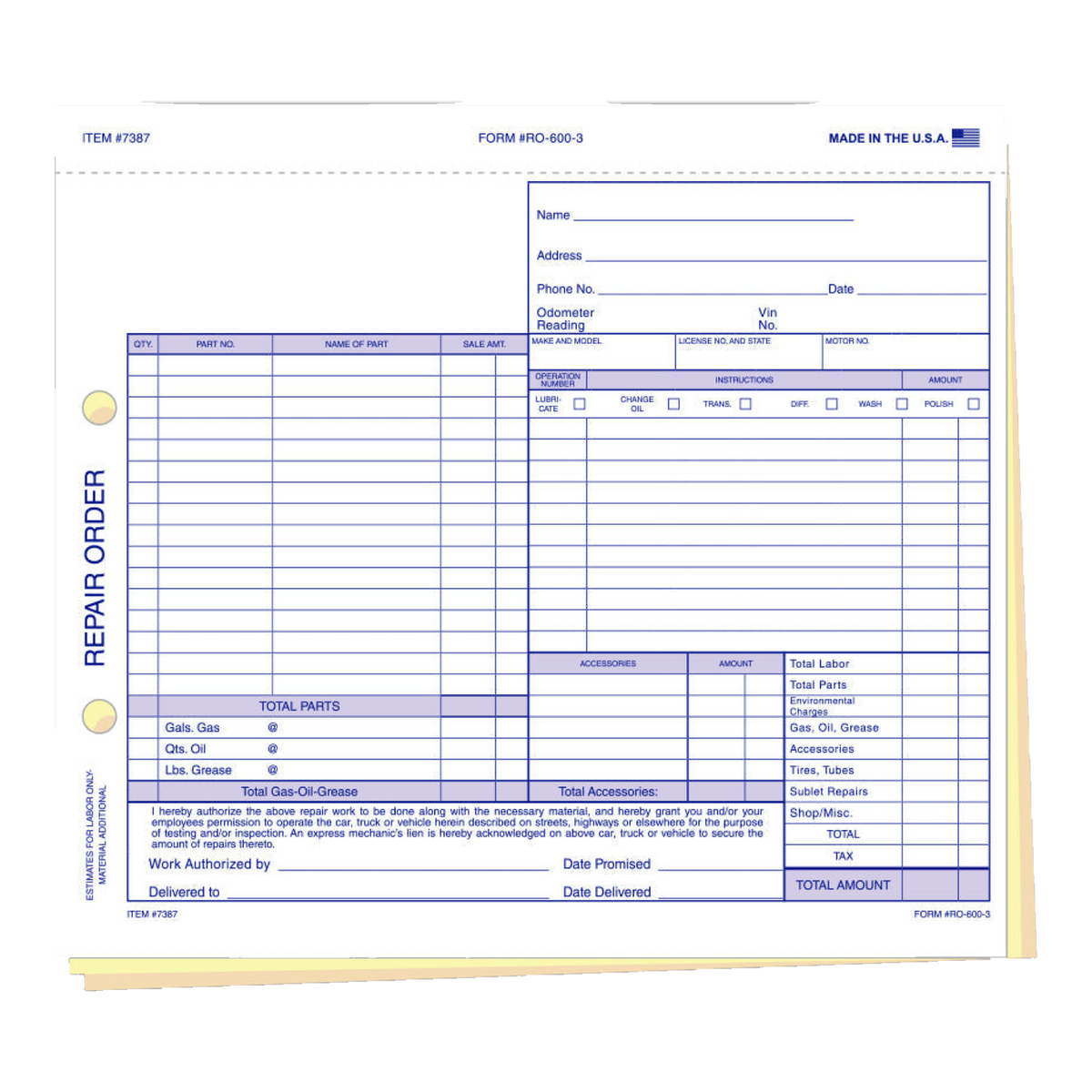Repair order form, 3-part