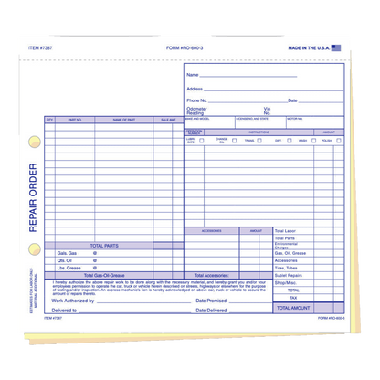 Repair order form, 3-part