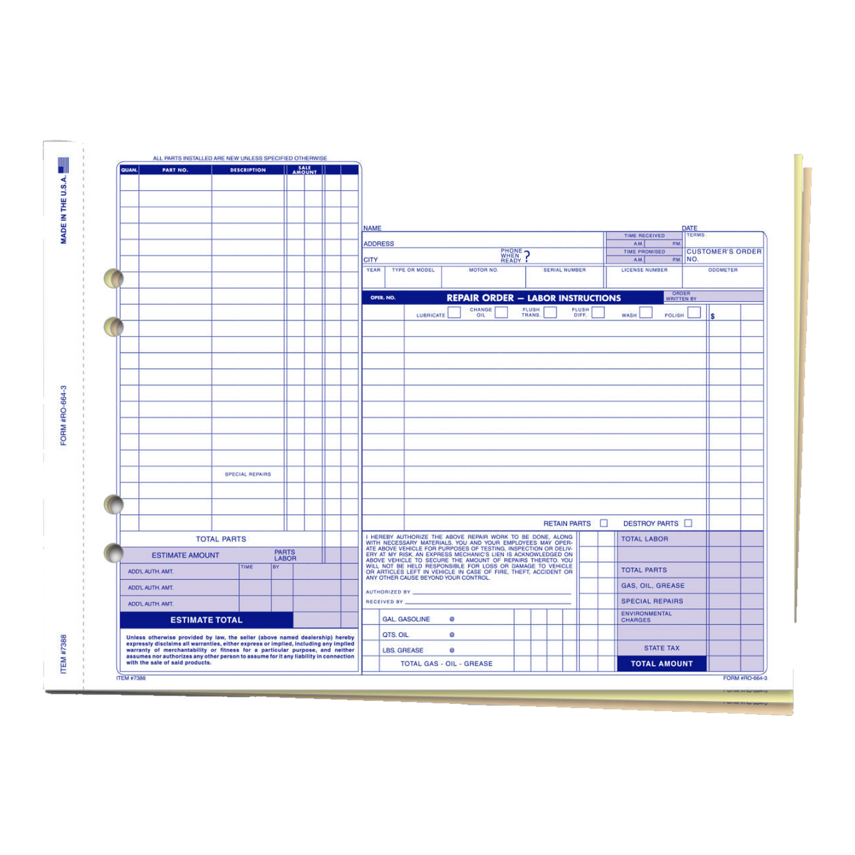 Repair order form with blue headers, 3-part
