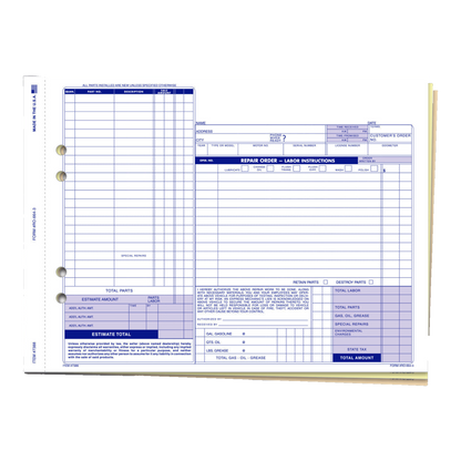 Repair order form with blue headers, 3-part