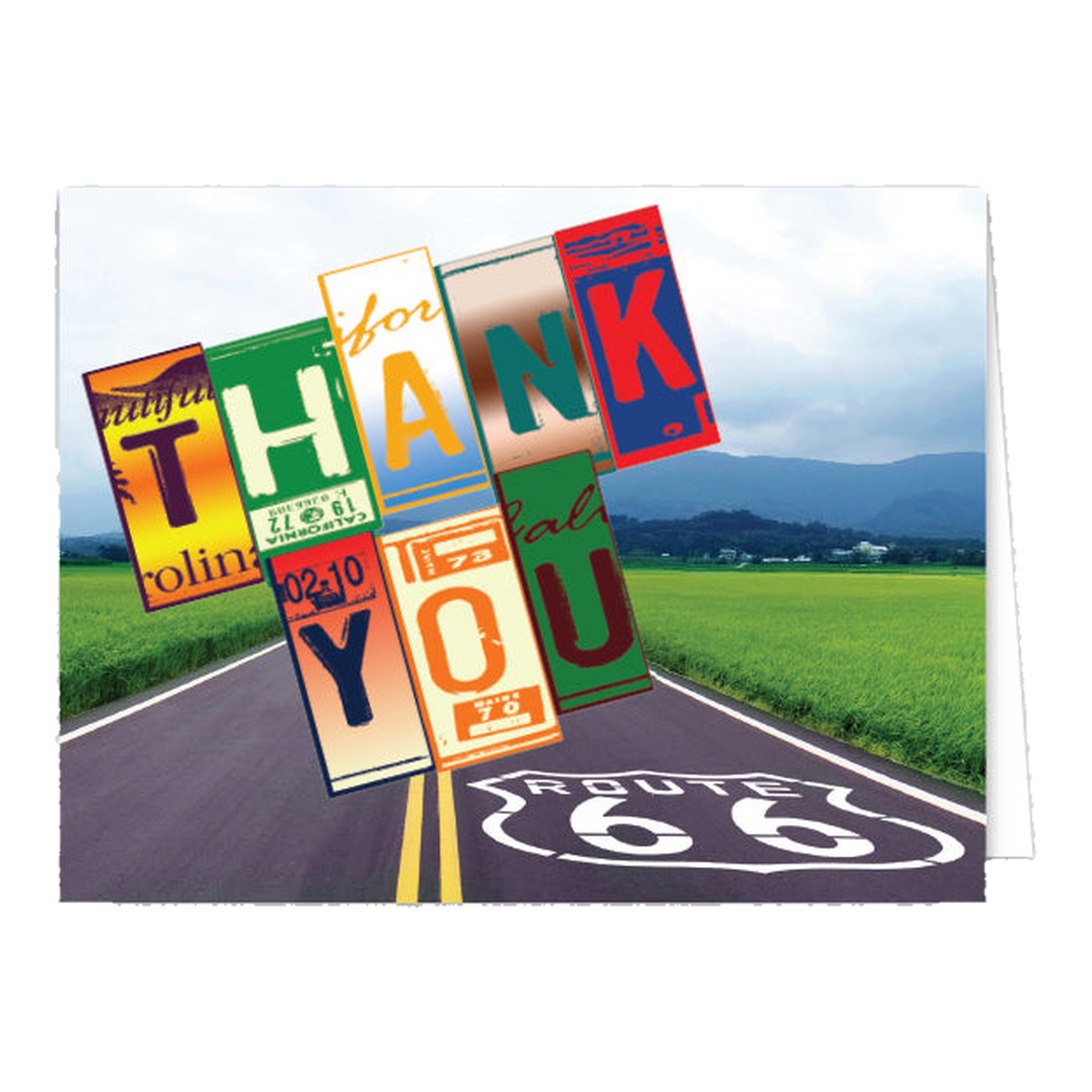 Folded Thank You card with license plate letters over a Route 66 road and green fields