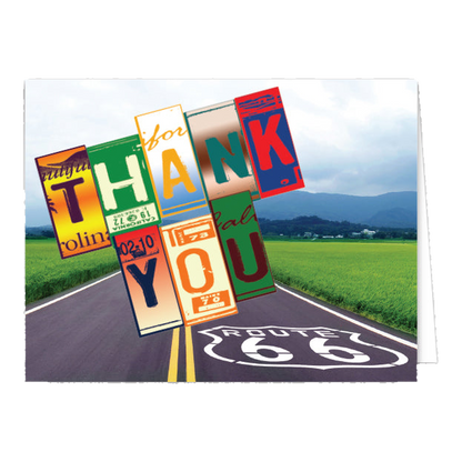 Folded Thank You card with license plate letters over a Route 66 road and green fields