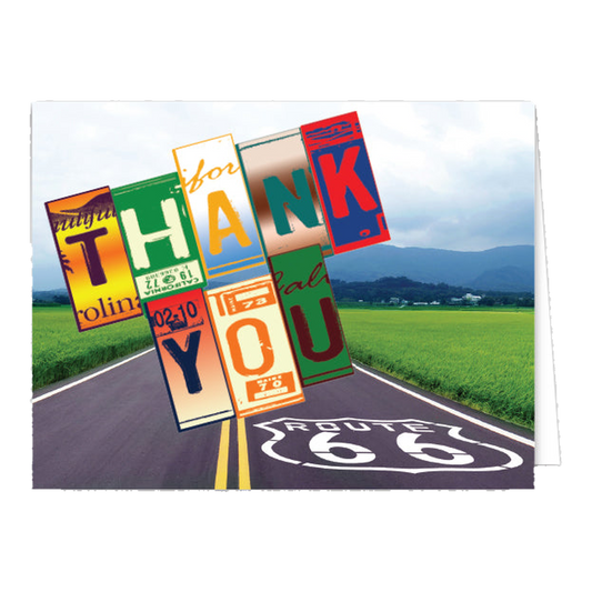 Folded Thank You card with license plate letters over a Route 66 road and green fields