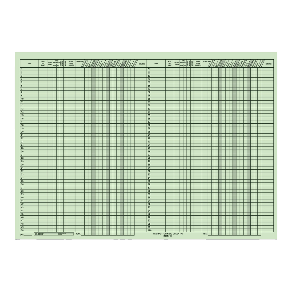 Green ledger route sheet with 100 lines