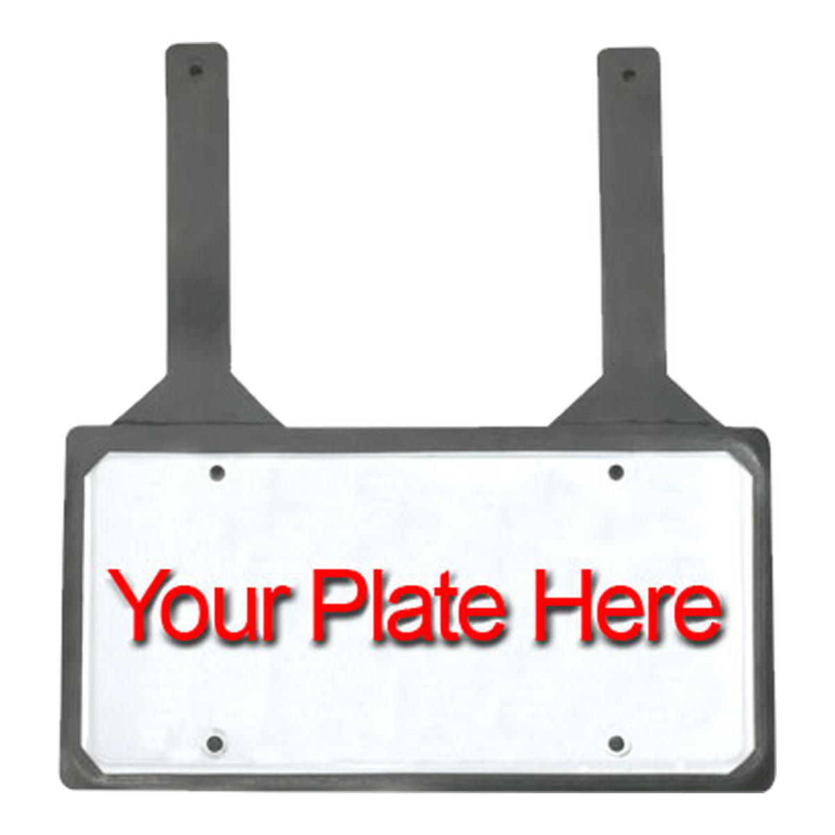 Black rubber license plate holder with two top straps and a Your Plate Here sample plate