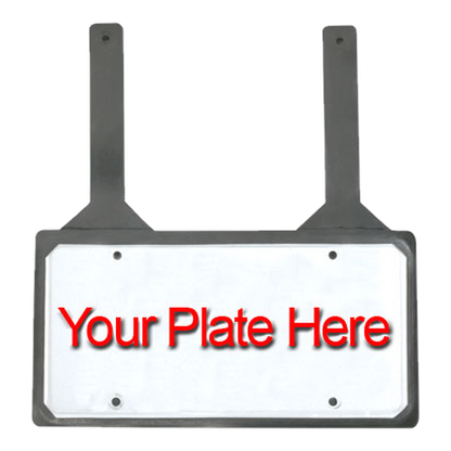 Black rubber license plate holder with two top straps and a Your Plate Here sample plate