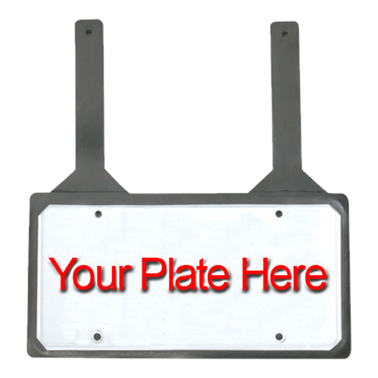 Black rubber license plate holder with two top straps and a Your Plate Here sample plate