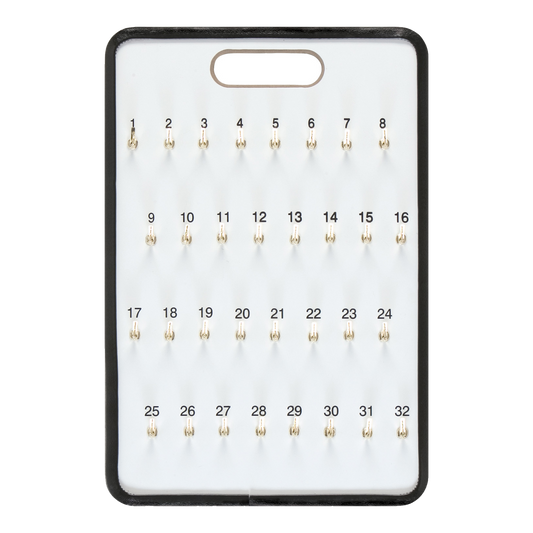 White 32-hook safety hook key board with gold spring-lock hooks, black vinyl trim and carry-handle slot