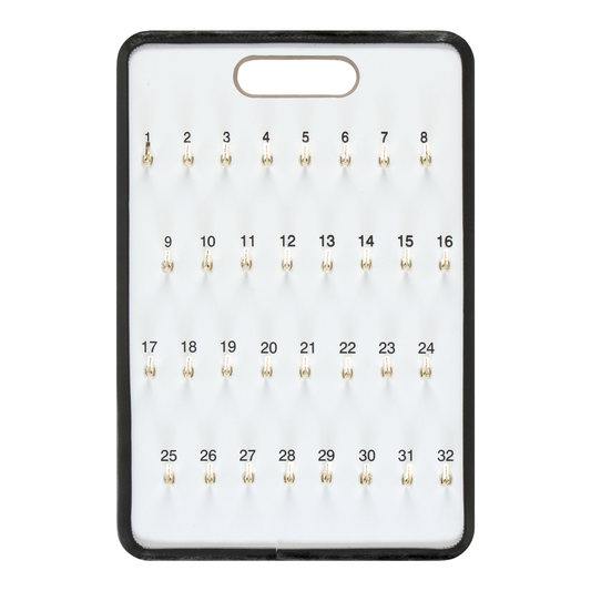 White 32-hook safety hook key board with gold spring-lock hooks, black vinyl trim and carry-handle slot, on white
