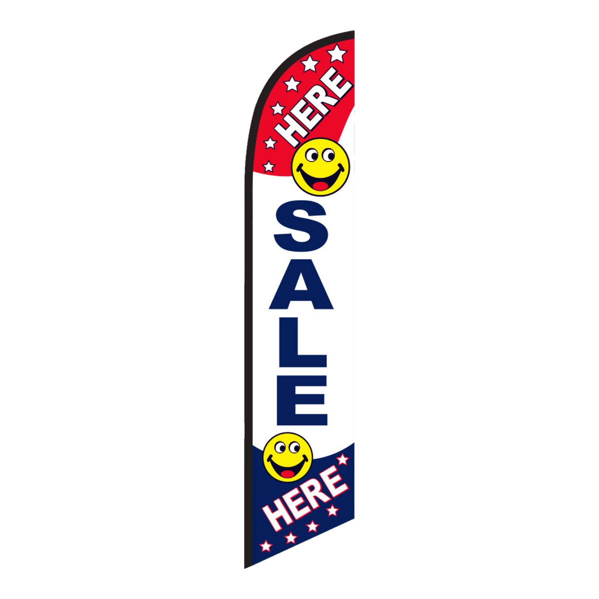 Sale Here swooper feather flag with smiley faces in red, white and blue