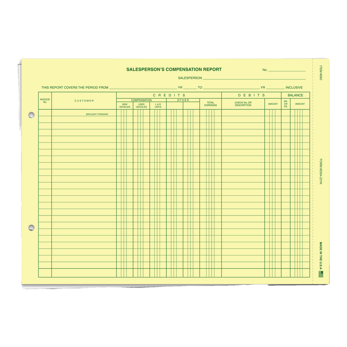 Salesperson's Compensation Report DSA-231N 2-part commission form, canary and white, green ink