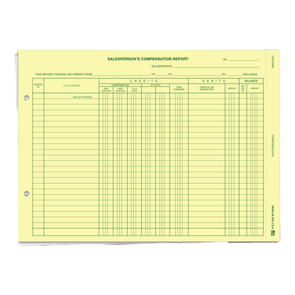 Salesperson's Compensation Report DSA-231N 2-part commission form, canary and white, green ink